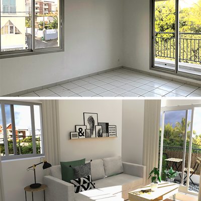 Salon avant-après en perspective 3D, exemple de valorisation immobilière à La Réunion